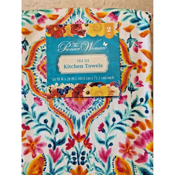 Pioneer Woman Folk Geo Floral Kitchen Towels Blue White Plaid 2-Piece Cotton - Picture 3 of 4